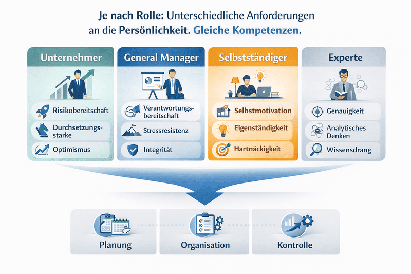 Infografik zu Führungskräften: Unternehmer, General Manager, Selbstständige und Experten haben unterschiedliche Anforderungen an Persönlichkeitsmerkmale, aber gemeinsame Kompetenzen in Planung, Organisation und Kontrolle