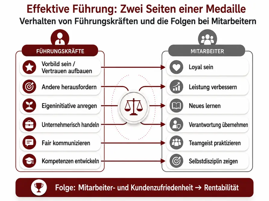 Sechs Führungskompetenzen und ihre Wirkung auf Loyalität, Leistung, Lernbereitschaft, Verantwortung, Teamgeist und Selbstdisziplin der Mitarbeiter