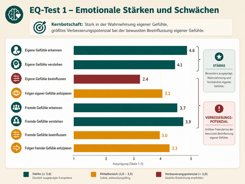EQ-Test 1: Beispiel eines Ergebnisprofils zu emotionalen Stärken und Schwächen mit besonders starken Werten beim Erkennen und Verstehen eigener Gefühle.