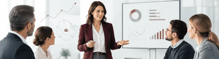 Führungskraft präsentiert ihrem Team zentrale Führungskompetenzen und messbare Ergebnisse