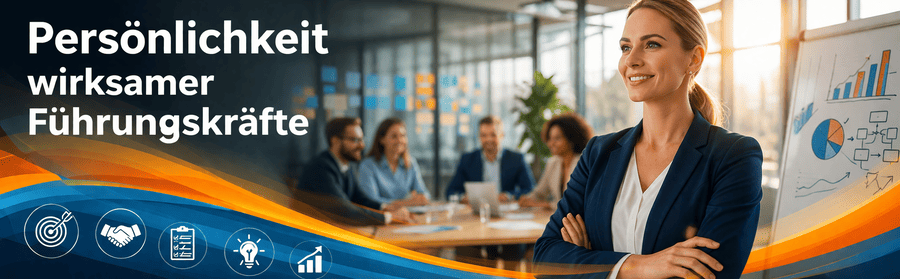 Kopfgrafik zur Persönlichkeit wirksamer Führungskräfte: souveräne Managerin vor Team und Bürohintergrund mit dem Titel „Persönlichkeit wirksamer Führungskräfte“