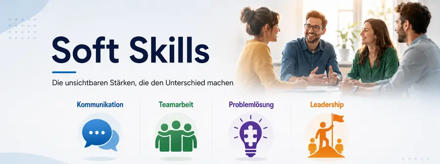 Soft Skills mit Kommunikation, Teamarbeit, Problemlösung und Leadership